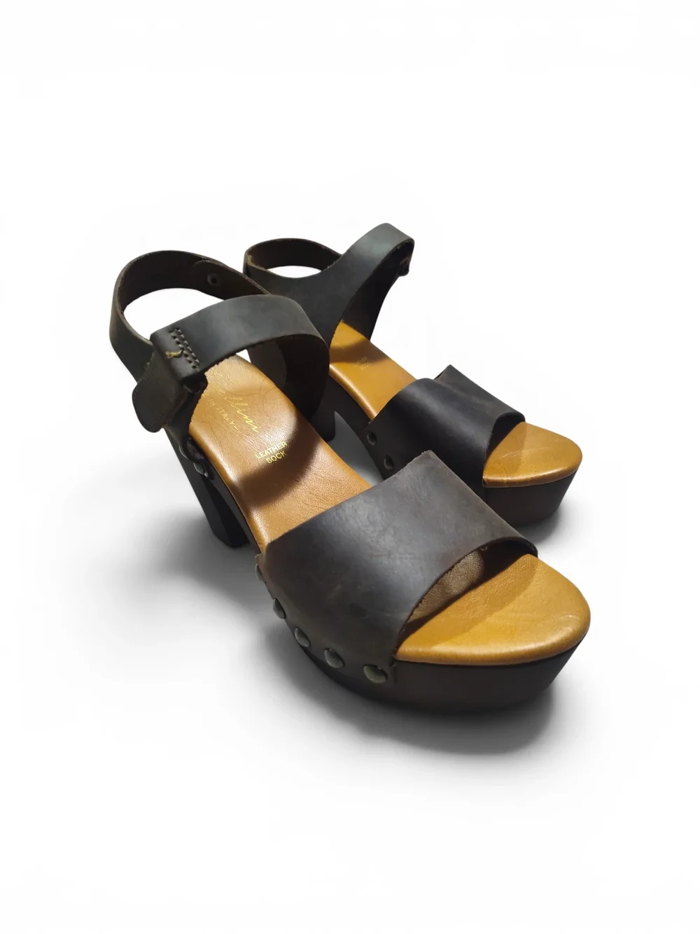 Avellini Leather Studded Brown Platform Italian Clog Sandal Women Size 8-8.5 -39